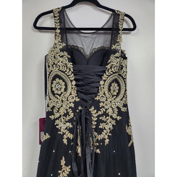 Abby Paris Tulle w/Embroidery Formal Gown Dress Black & Gold Size 4 - Picture 7 of 11